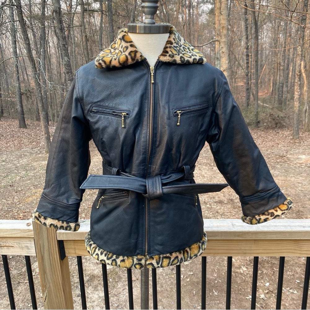 Leopard Trim Black Leather Jacket - image 1